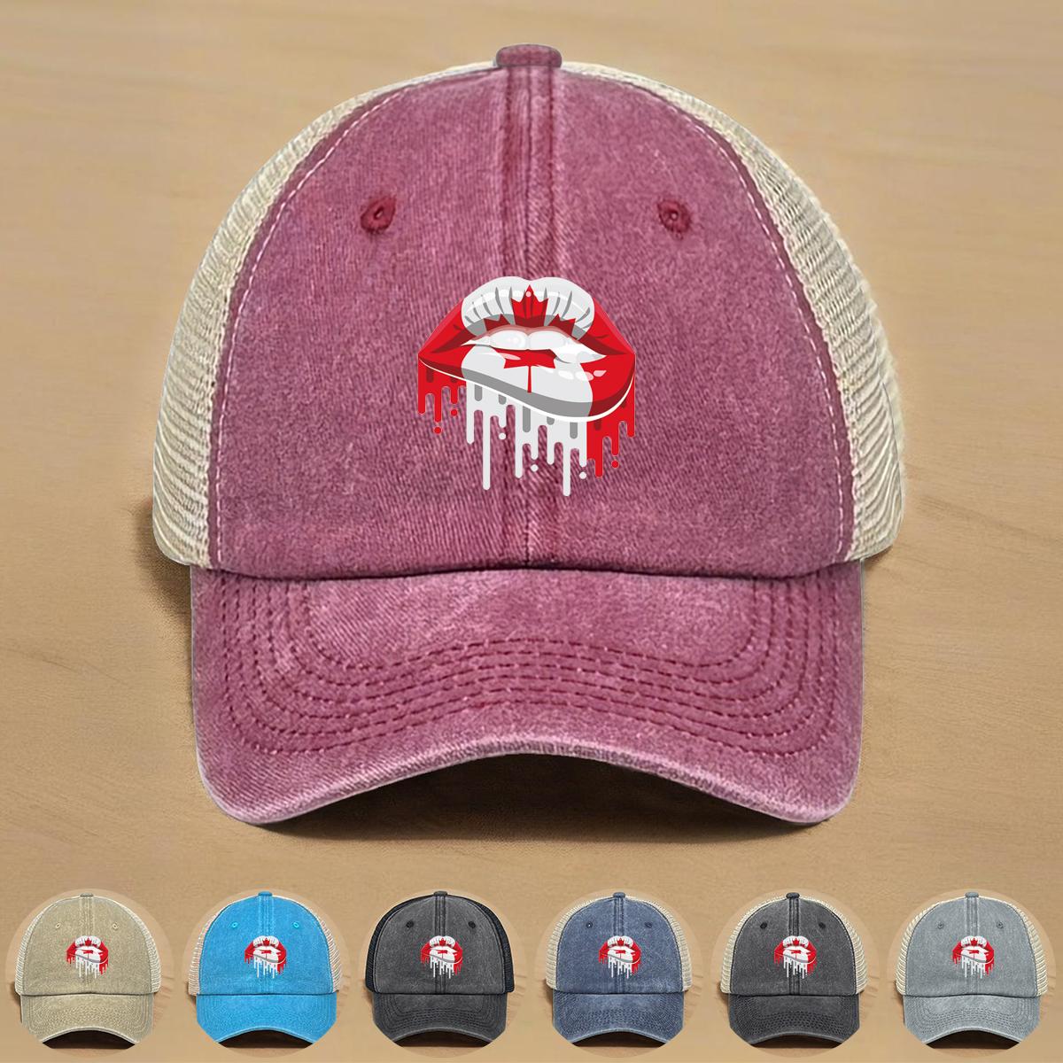 

Canada Flag Mouth Print Snapback Sun Hat, Patriotic Flat Cap Vintage-Inspired Retro Sun Visor Vintage Adjustable Mesh Cap as the picture синій