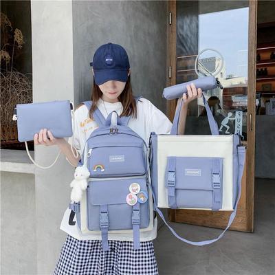 Koreanische Version Damen Canvas Rucksack Große Kapazität 4-teiliges Set Mittelschulrucksack Einfache verschleißfeste Schultaschen mit Stifttasche