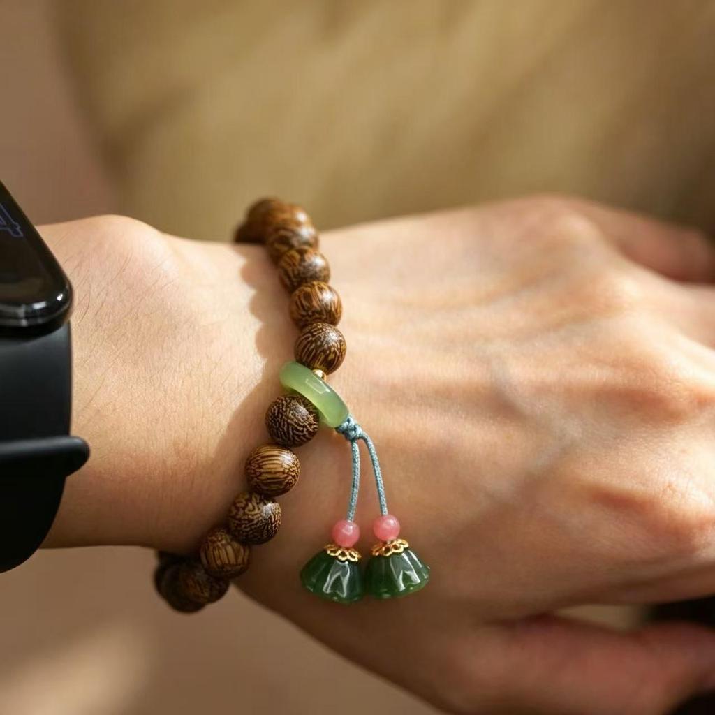 Exquisite Sandalwood & Jade Lotus Pod Bracelet with Amber Buddhist Beads - Ethnic Women's Jewelry.