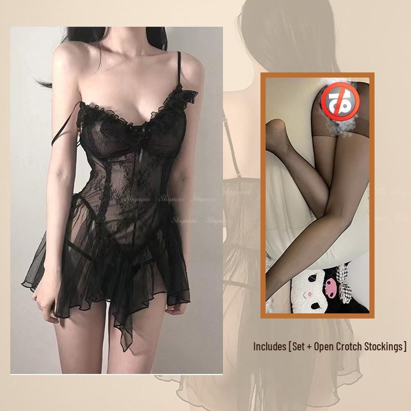 Plus Size Sheer Lingerie Princess Style Nightgown: Fishnet Strappy Design