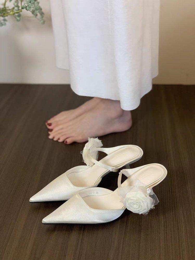 High-heeled New Chinese-style Flower Bag Head Half Slippers Women's Shoes 2025 New Spring and Summer Outer Wear Large-size Women's Shoes