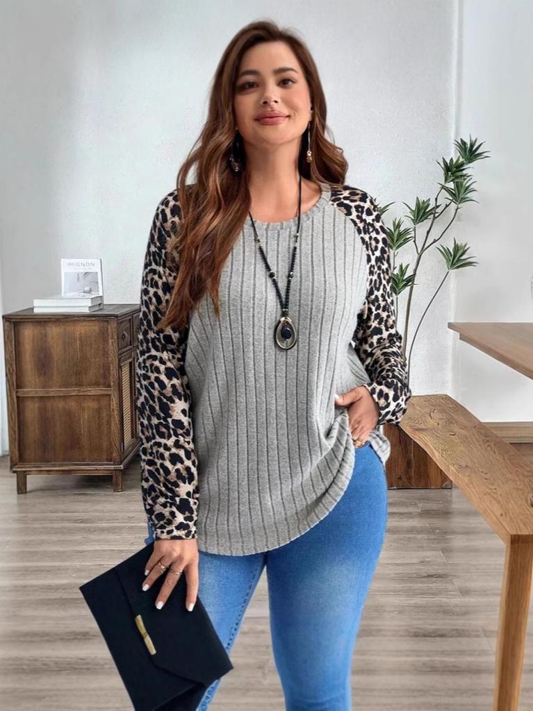 2024 Autumn/Winter New European and American Women's Clothing Hot-selling on Amazon Classic Leopard Patchwork Groove Long-Sleeve Top