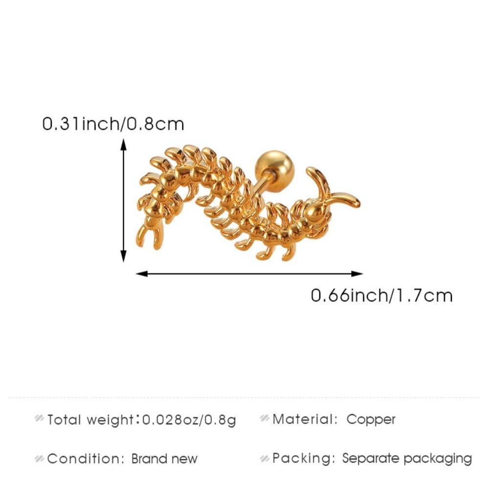Personality Retro Gold Color Stainless Steel Centipede Insect Piercing Stud Earrings for Women Men Jewelry Gift Does Not Fade
