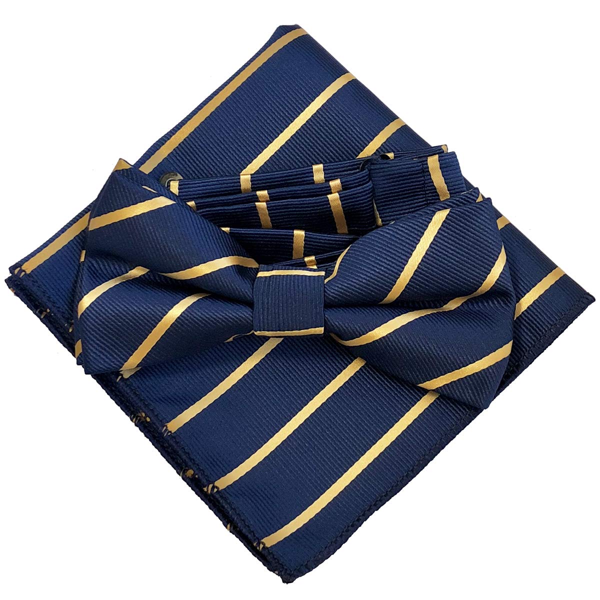 

Two-tone striped navy x gold [bow tie & pocket square] 2-piece set for men. One-touch fitting, formal style, perfect for weddings and after-parties.