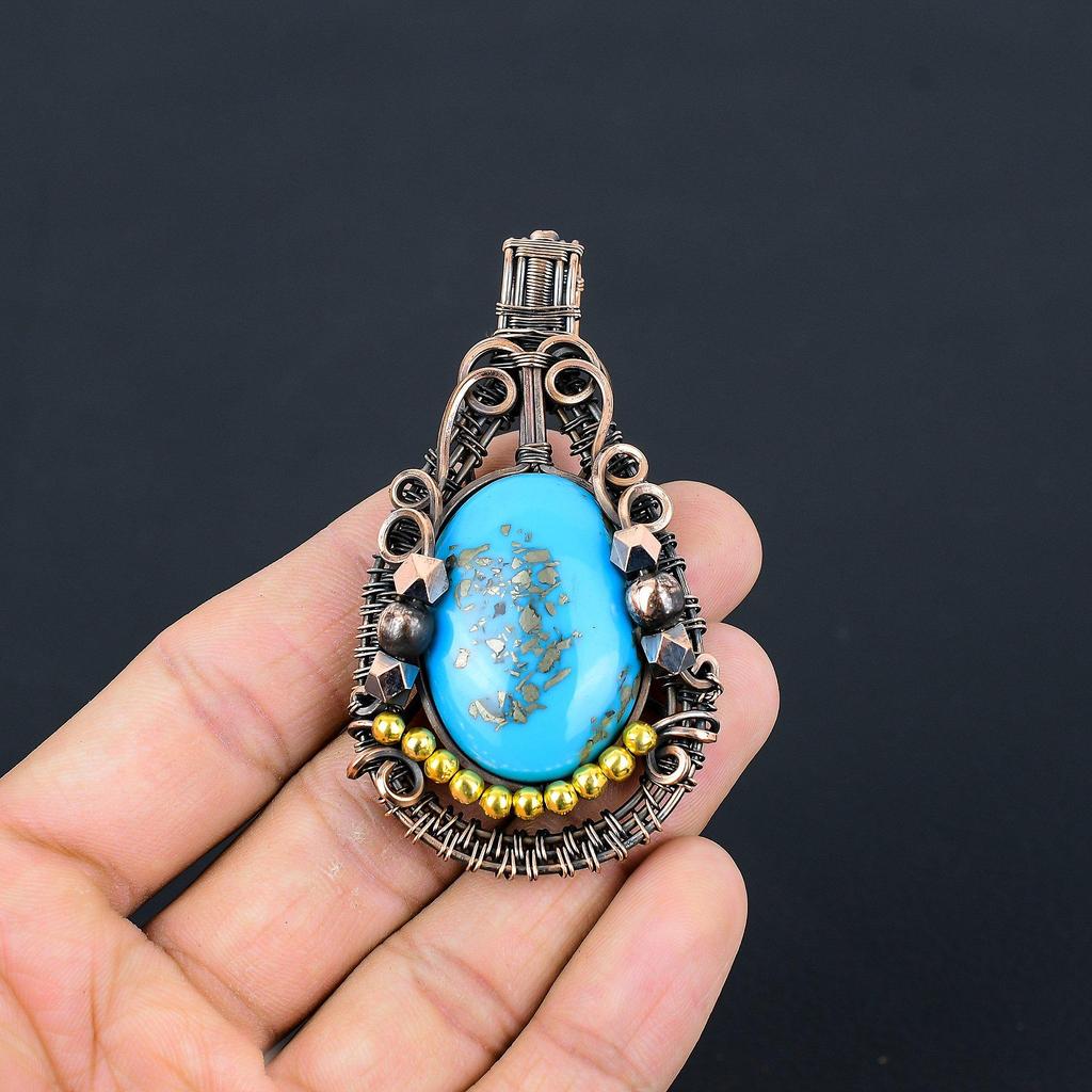 Irani Turquoise 999 Copper Wire Wrapped Pendant, Handmade Gemstone Pendant Jewelry, Gifts For Wife Brand New Pendant