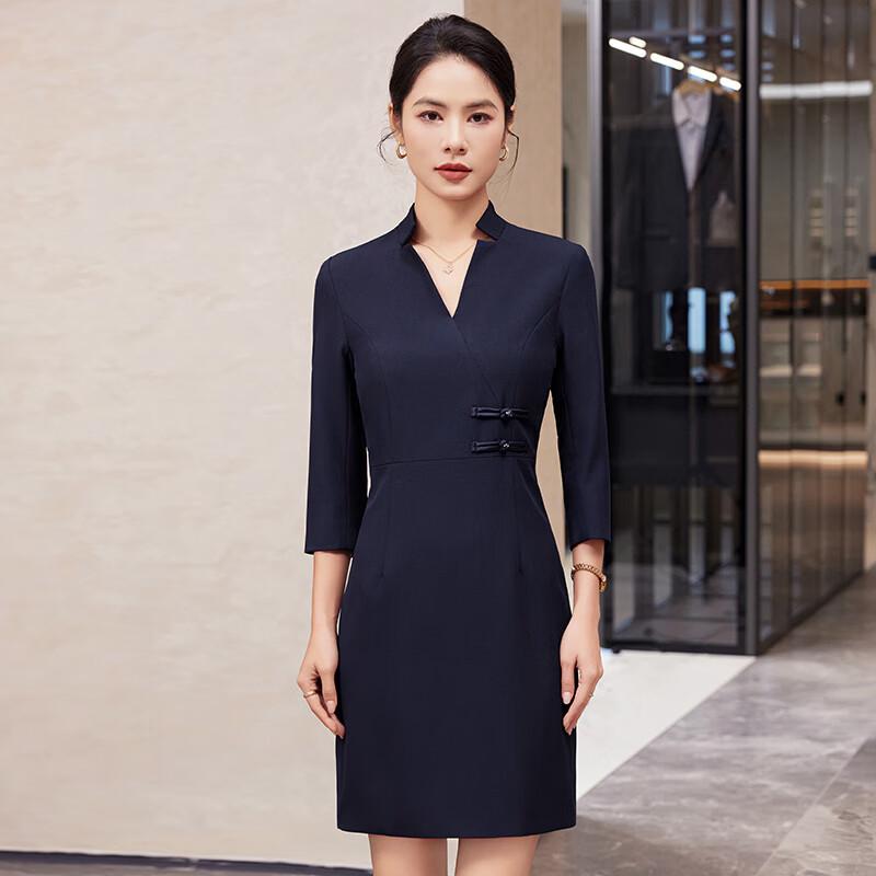 

Tenuoman Women s New Chinese Style Navy A-Line Dress with Scarf 2XL