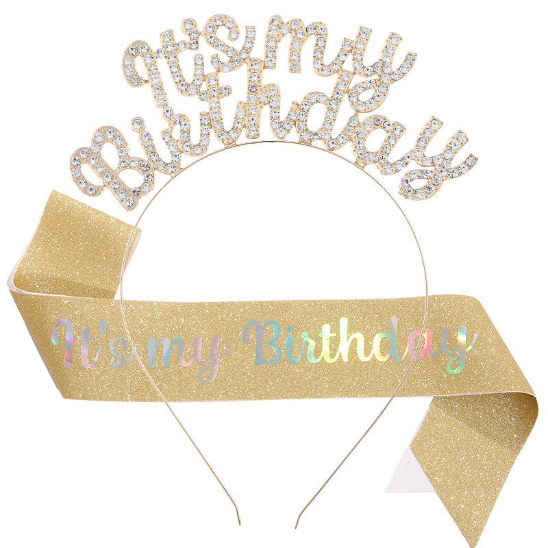 New Birthday Headband Shoulder Strap Etiquette Belt Set IT'S MY BIRTHDAY Women's Headdress Hair Accessories Party