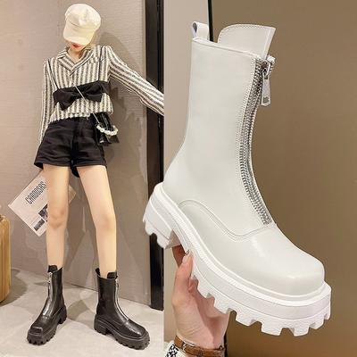 Markenreißverschluss Damenstiefel Eckige Zehenpartie Damenschuhe Mittelhohe Absätze Plateau Oberbekleidung Winter Leder Gefütterte Stiefeletten Botas De Mujer