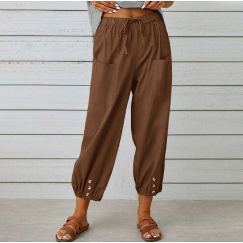 2025 New European and American Cross-Border Amazon Wish Loose High-Waisted Buttoned Cotton-Linen Cropped Wide-Leg Women's Pants