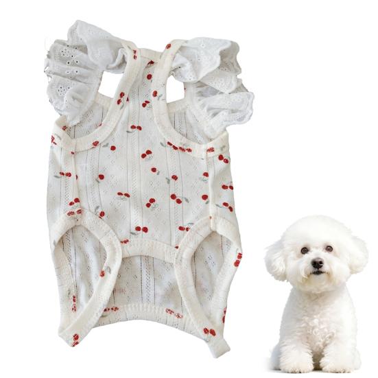Cherry Print Dog T-Shirt with D-Ring Lace Ruffle Cap Sleeve Girl Puppy Clothes Breathable Summer Pet Vest for Small Medium Dogs Cats