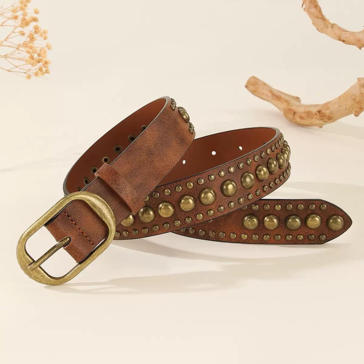 

Ladies Fashionable and Versatile Casual Jeans with Rivet Waistband Narrow Alloy Needle Buckle Retro and Trendy Belt 110cm кавовий