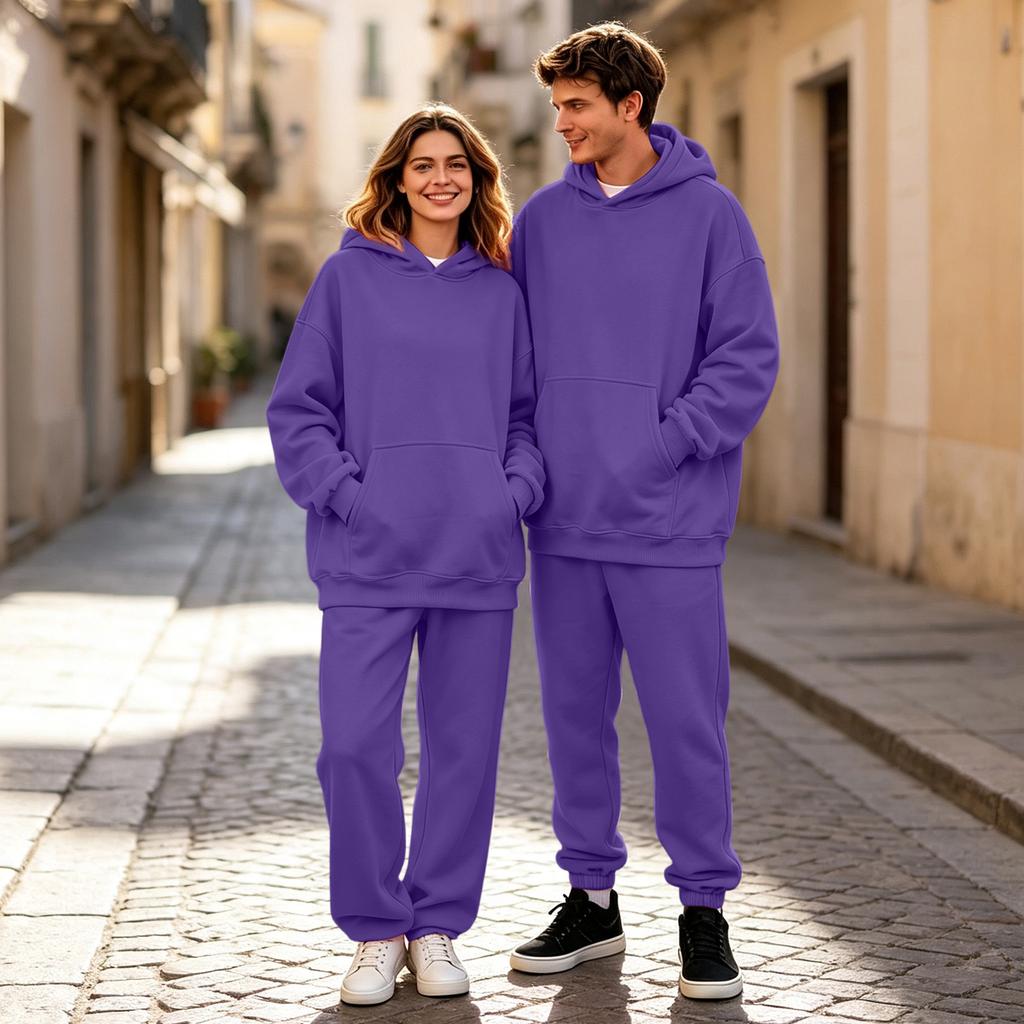 Unisex -Lined Hooded Sweatshirt Set with Print, Casual Streetwear for Men and Women