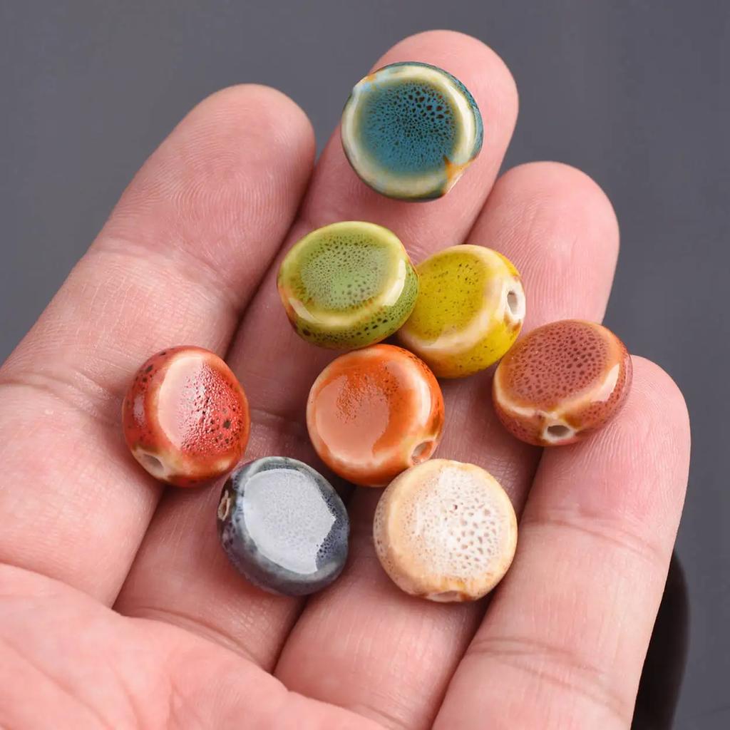 20pcs Flat Round 15mm Handmade Ceramic Porcelain Loose Spacer Beads Lot for Jewelry Making Accessories DIY Crafts Findings Creativity Beads