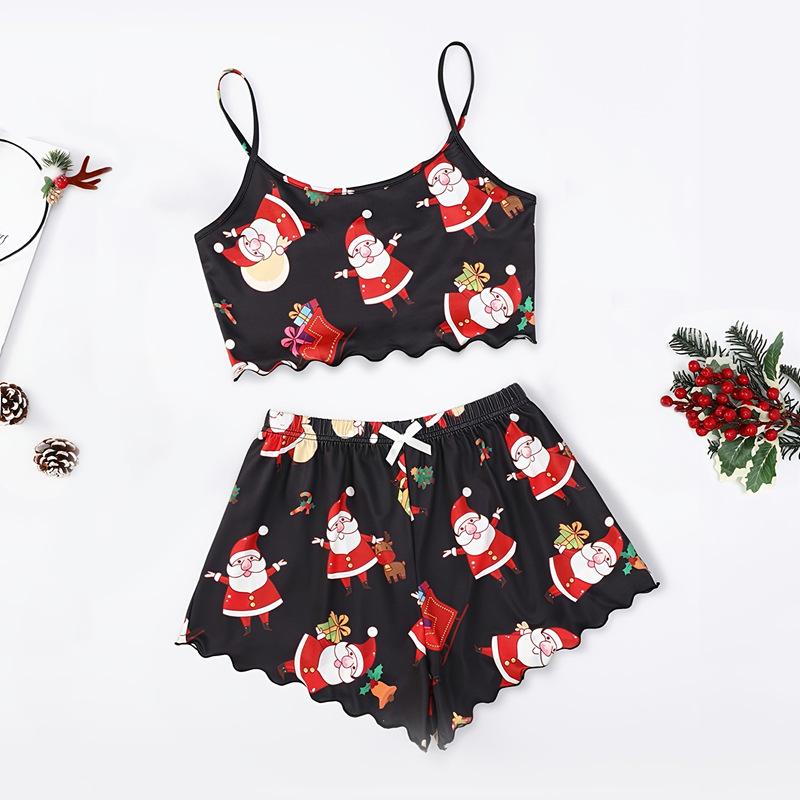 Women's Christmas Pajama Set: Snowflake & Deer Camisole Tank Top with Shorts