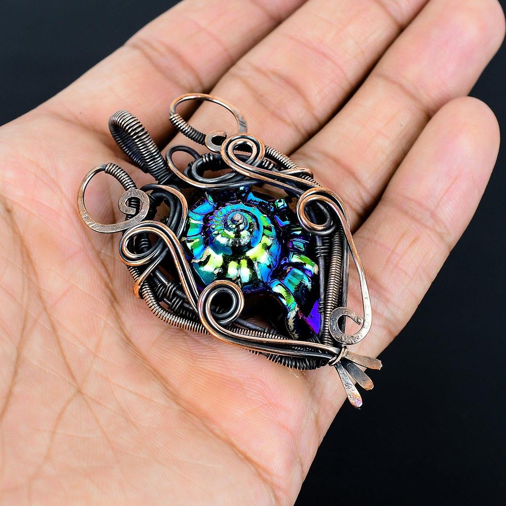 Aura Shell Pendant Gemstone Handmade Jewelry,  999 Copper Wire Wrapped Pendant, Gift For Wife Jewelry