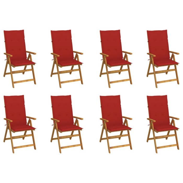 Chaise de jardin - Maison Exclusive - Pliable - Bois d'acacia massif - Lot 8 avec coussins rouges