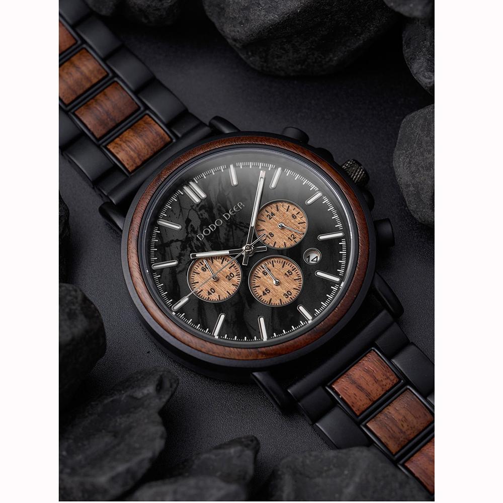 Wood Watch Wateproof Quartz Analog Watches Wooden+metal Strap Chronograph Date Unique Personalized Gifts