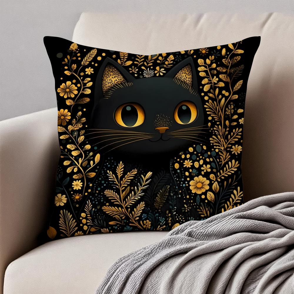 Art Black Cat Cushion Cover Pillowcase Antidustmite Invisible Zipper Short Plush Sofa Cushion
