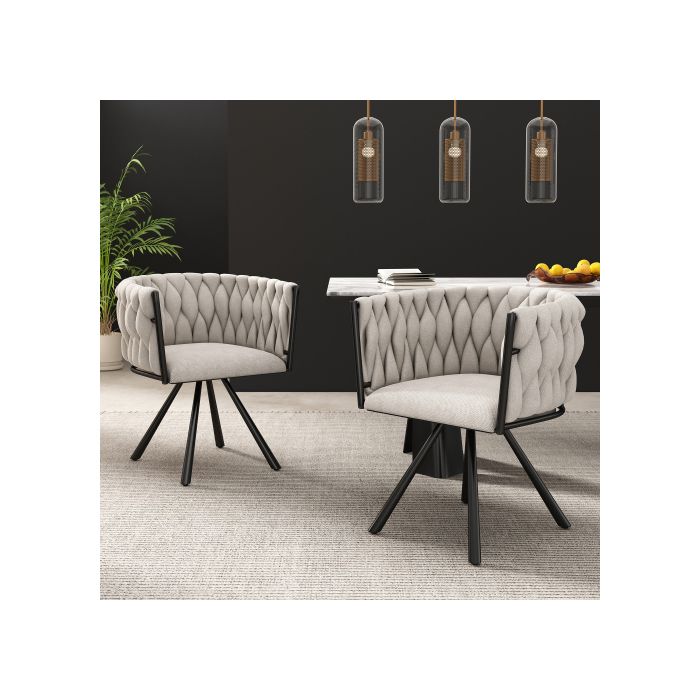 Chaises de salle à manger en lin, ensemble de 6, avec quatre pieds en métal, tissu de lin beige et noir
