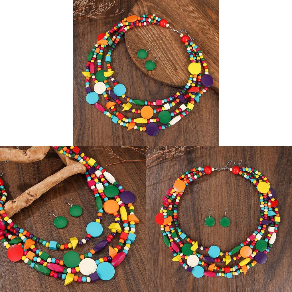 Collana multistrato colorata in legno con perline bohémien per donna