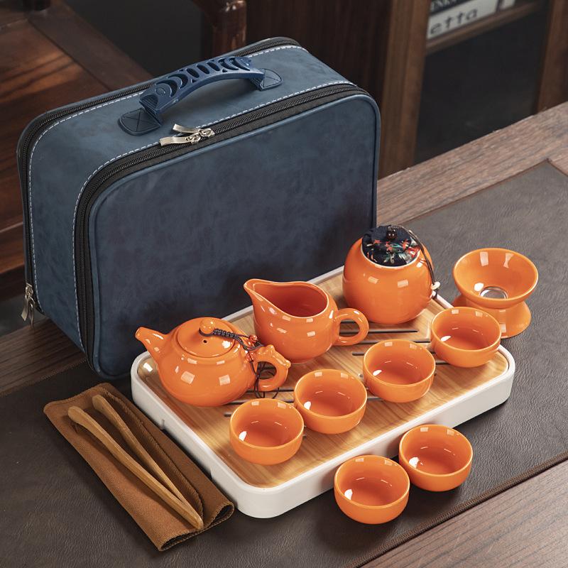 Travel ceramic Kung Fu tea set, tea tray, a full set of portable storage bags, practical business gifts for customers