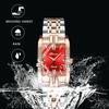 Women's Square Diamond Watch: Dainty Replica Watch with Zirconia, Roman Numerals, Quartz Movement, Calendar, Date Display, Stainless Steel Strap, Red,