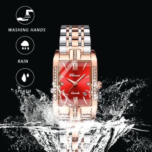 Women's Square Diamond Watch: Dainty Replica Watch with Zirconia, Roman Numerals, Quartz Movement, Calendar, Date Display, Stainless Steel Strap, Red,