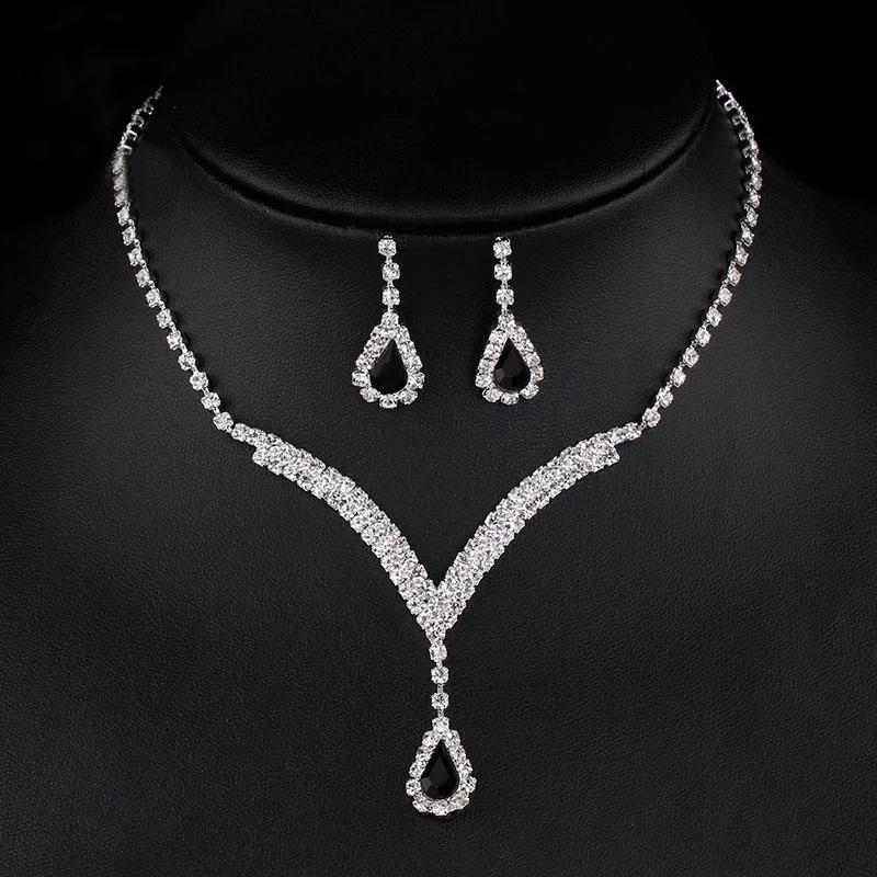 Bridal Jewelry Set: European & American Style Diamond V-Neck Teardrop Pendant Necklace & Stud Earrings N5471