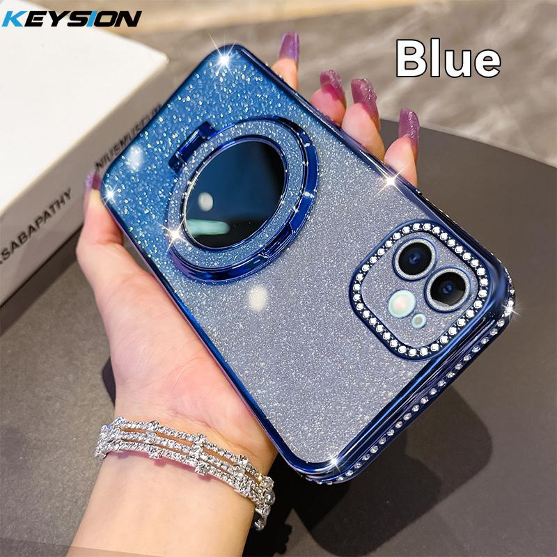 KEYSION Luxury Glitter Jewelled Magnetic Phone Case for iPhone 11 12 Pro Max Makeup Mirror Ring Stand Shockproof Back Cover