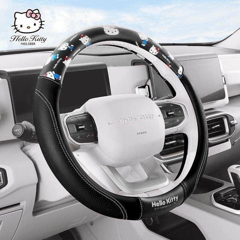 Hellokitty Car Steering Wheel Cover Is Suitable for Mercedes-Benz, Bmw, Women's Volkswagen, and Women's Leather Car Handlebar Cover
