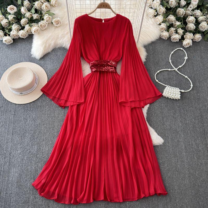 

Элегантное платье с высоким темпераментом, женское, нишевый стиль, ретро, плиссированное, рукава-колокольчики, драпировка, стройнящее, шифон, юбка для отпуска Red All yards