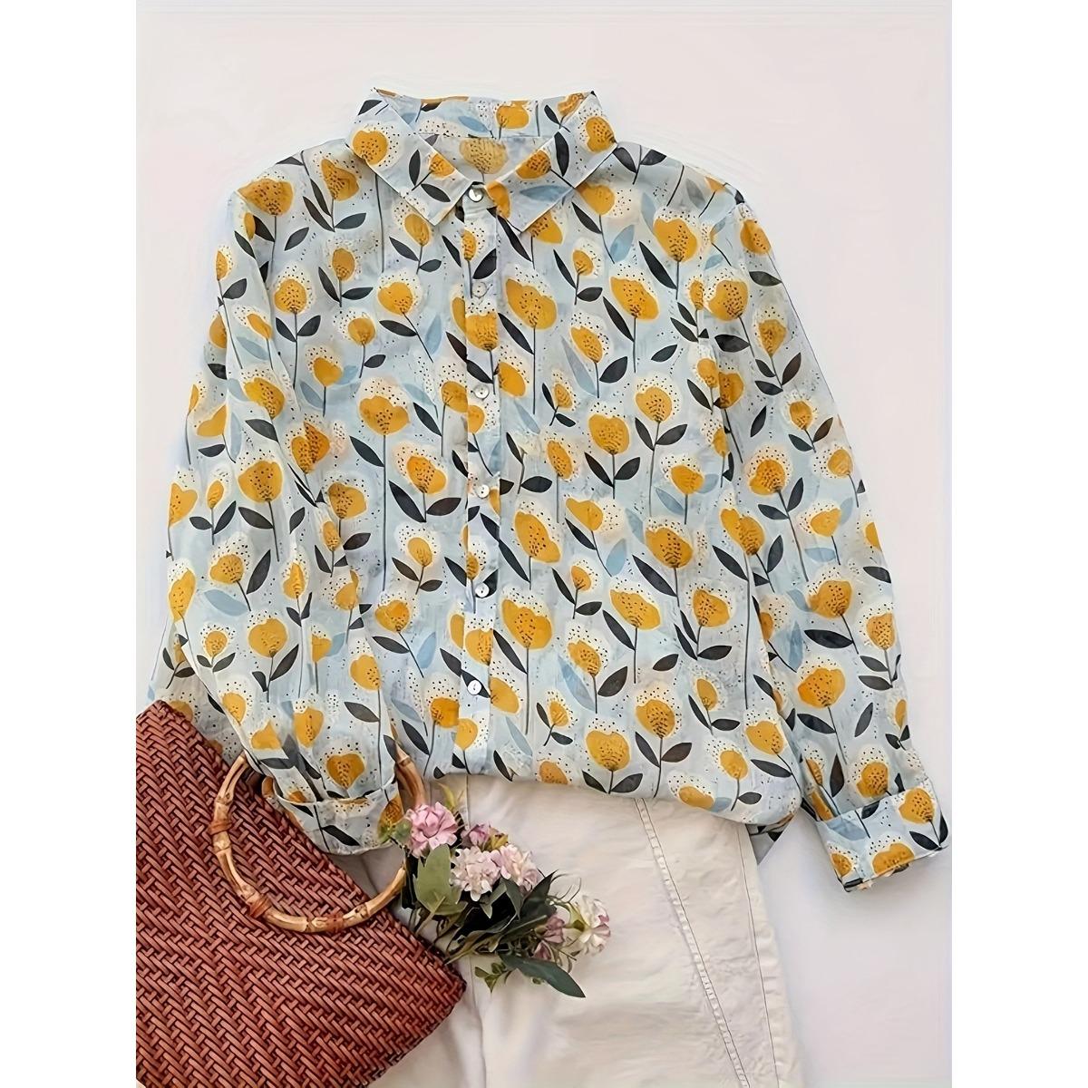 Women s  Casual Fashion Floral Print Shirt Loose Long Sleeve Tulip Design Blouse Top S