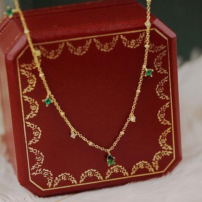 Full Body Retro Light Luxury Temperament Simple and Generous Japanese Water Drop Emerald Zircon Necklace Female