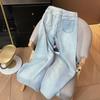 Korean Style Elegant Pearl Waist Rhinestone Light Jeans - Women's High Waist Straight Slimming Wide Leg Pants
