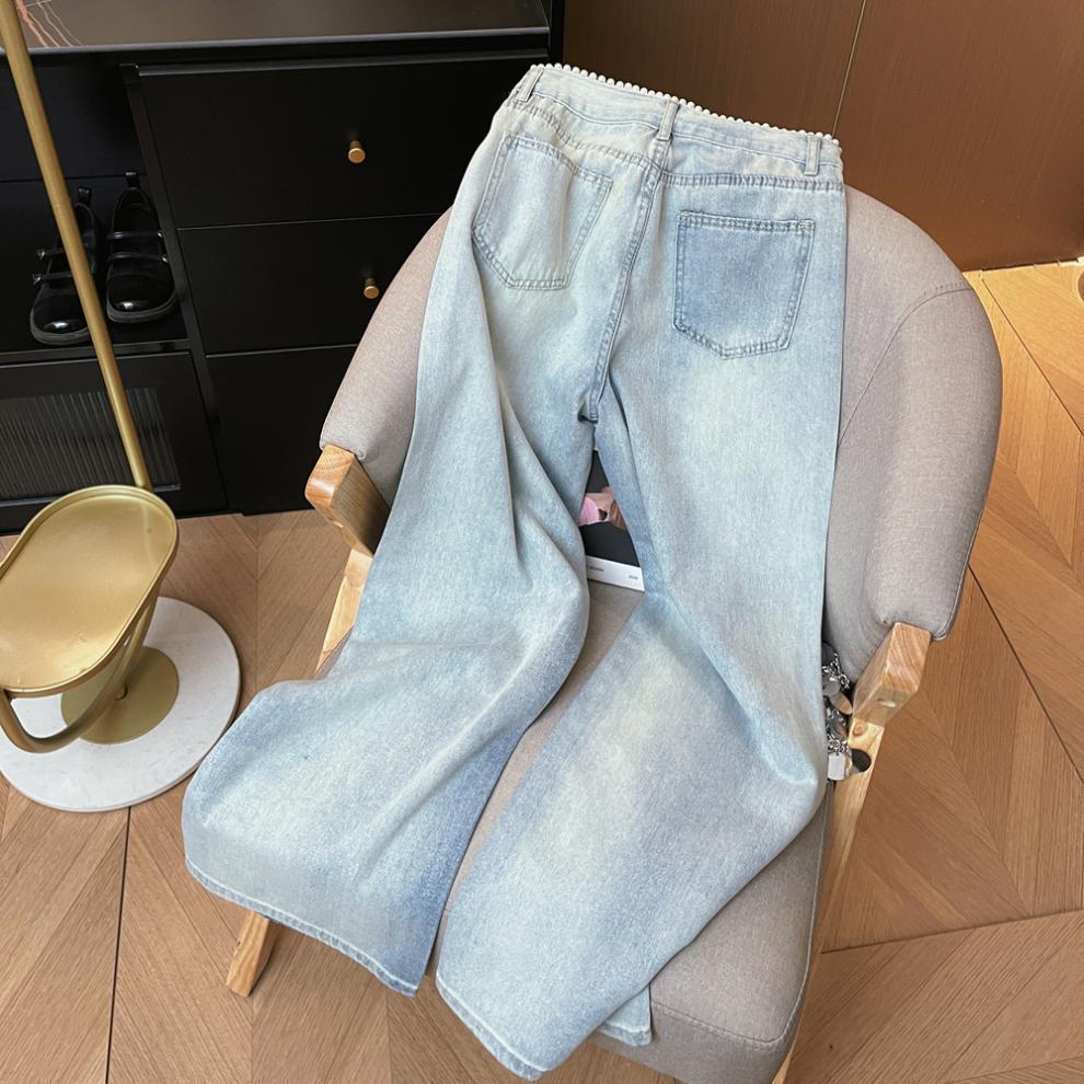 Korean Style Elegant Pearl Waist Rhinestone Light Jeans - Women's High Waist Straight Slimming Wide Leg Pants