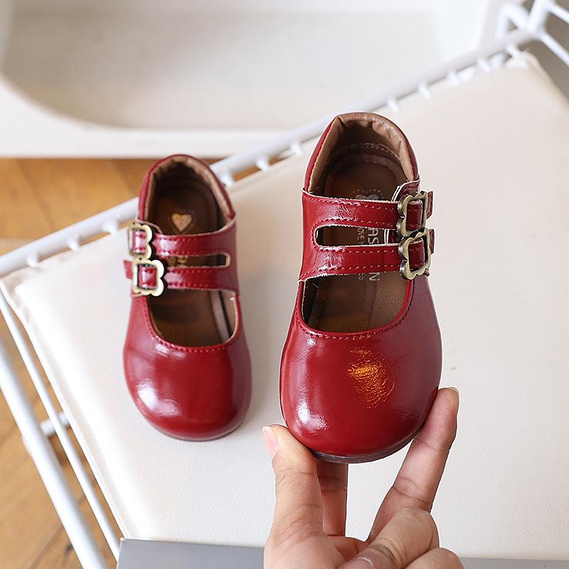 Kids Patent Leather Double Buckle Mary Jane Shoes 21 красный