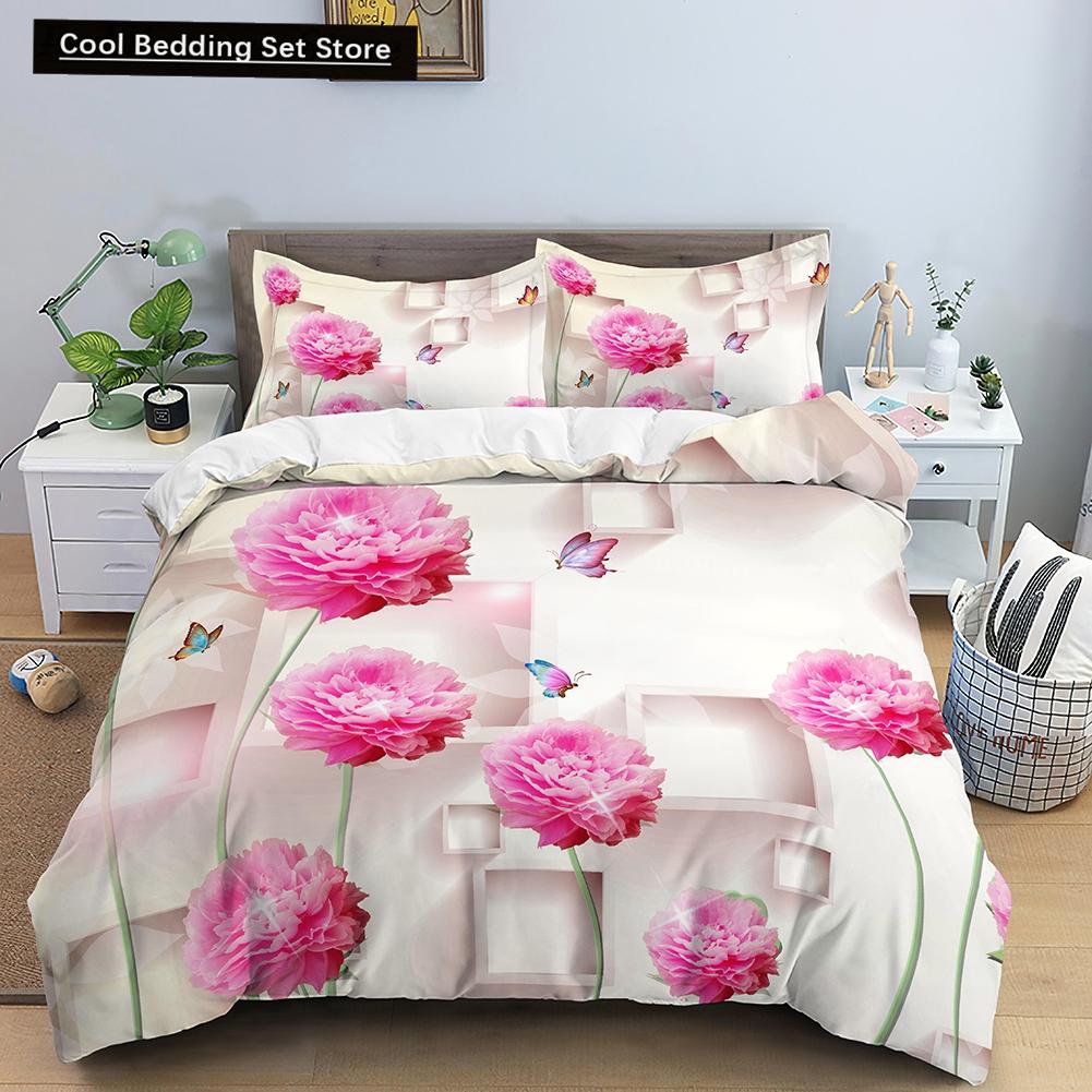 3D Pejzaż Natury Król Królowa Poszewka na Kołdrę Kwiaty Zielone Liście Pościel Zestaw Widok Shimen Poszewka na Kołdrę Poliester Pokrowiec na Kołdrę