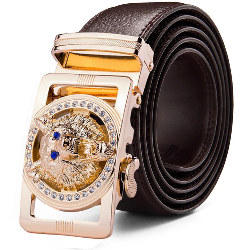 Genuine Leather Wolf Belt for Men Polychrome Rhinestone Alloy Belt Automatic Buckle Black Luxury Brand Plus Size Ceinture Homme