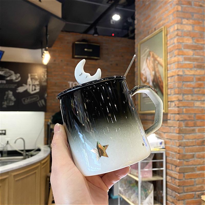 Creative Cup Literary Girl Mug Simple Gradient Color Starry Sky Big Belly Ceramic Water Cup with Lid and Spoon