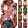 Womens Halloween Print V Neck Top Three Quarter Sleeve Casual Shirt Lightweight Soft Fabric Comfortable Fit Seasonal Style