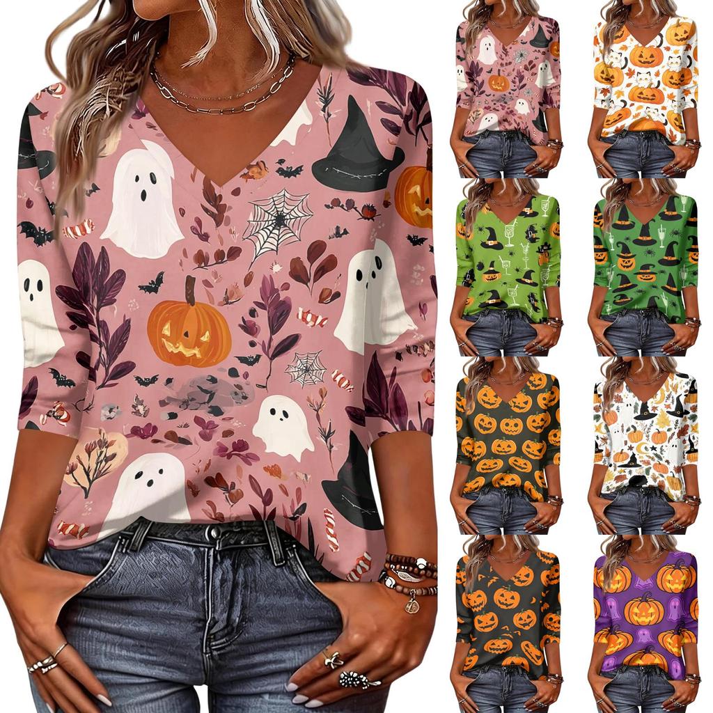Womens Halloween Print V Neck Top Three Quarter Sleeve Casual Shirt Lightweight Soft Fabric Comfortable Fit Seasonal Style