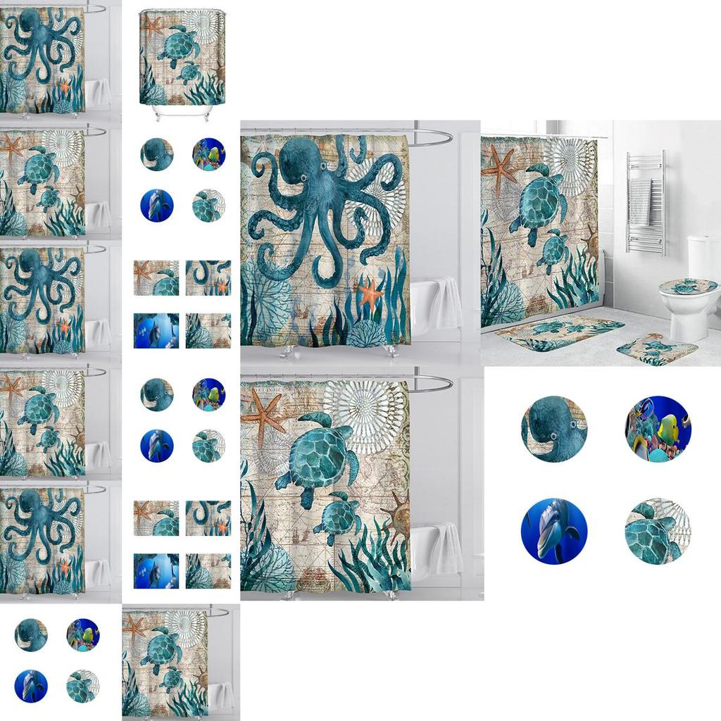 Fun And Stylish Bathroom Essential With Washable Turtle Octopus Shower Curtain And 12 Easy-install Hooks