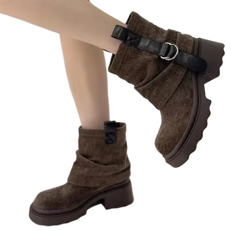 Fashion Chelsea Platform Flats Ankle Boots Suede Women Shoes Designer 2025 Trend New Casual Walking Boots Retro Fad Zapatos Mujer Botas