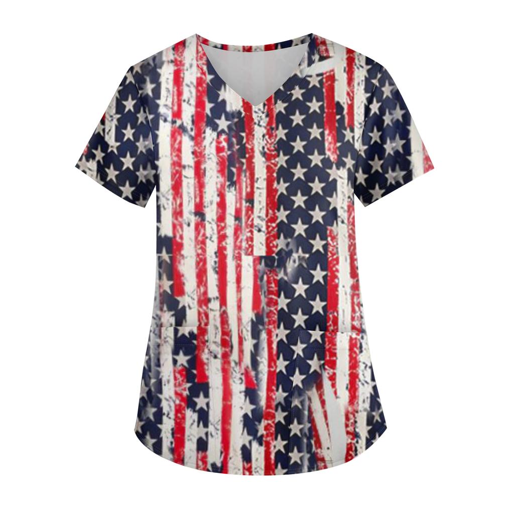 Ladies' Independence Day printed fashionable V-neck pocket short sleeved uniform and caregiver top