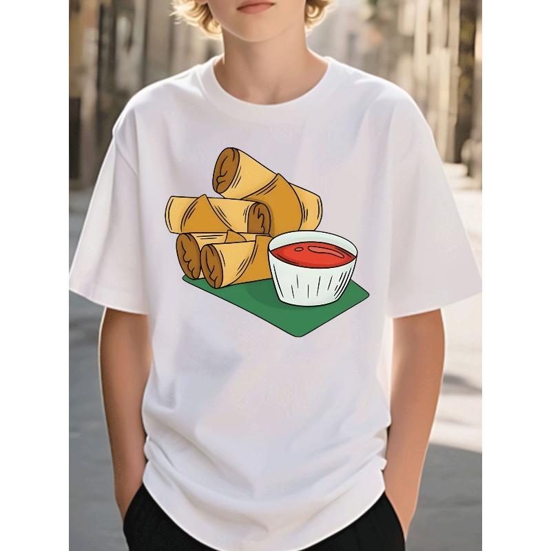 European sizes Boys T-Shirt Kids Casual Trendy Spring Summer Food Print Egg Roll with Sauce Pattern Black Tee Boys Ages 5-13 Street Style Casual Wear