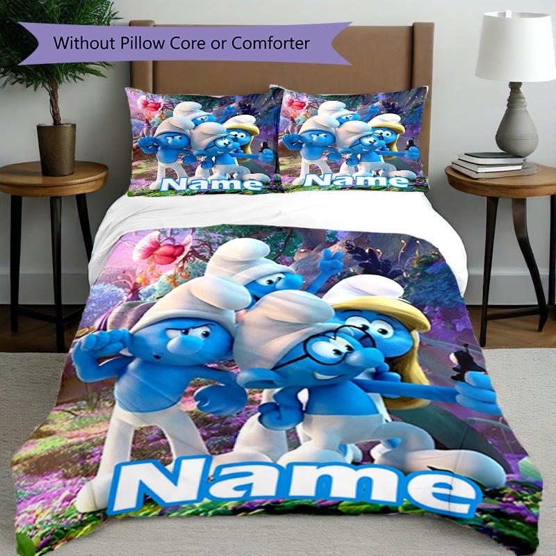 3pcs Duvet Cover Set (1*Duvet Cover + 2*Pillowcase, Without Core), Custom Name Blue Smurfs Pattern Bedding Set, Home Bedroom Decor Gift