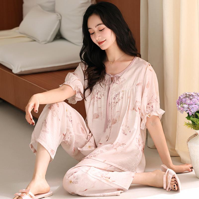 Tencel cotton pajamas women's summer short-sleeved trousers 1011 new mother foreign high-end loungewear set