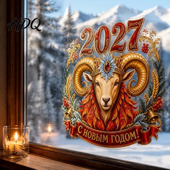 Electrostatic Adsorption Clings 2027 Year Sheep Window Decal Russian Happy New Static Sticker Zodiac Kitchen Bathroom Wall Art Goat Glass