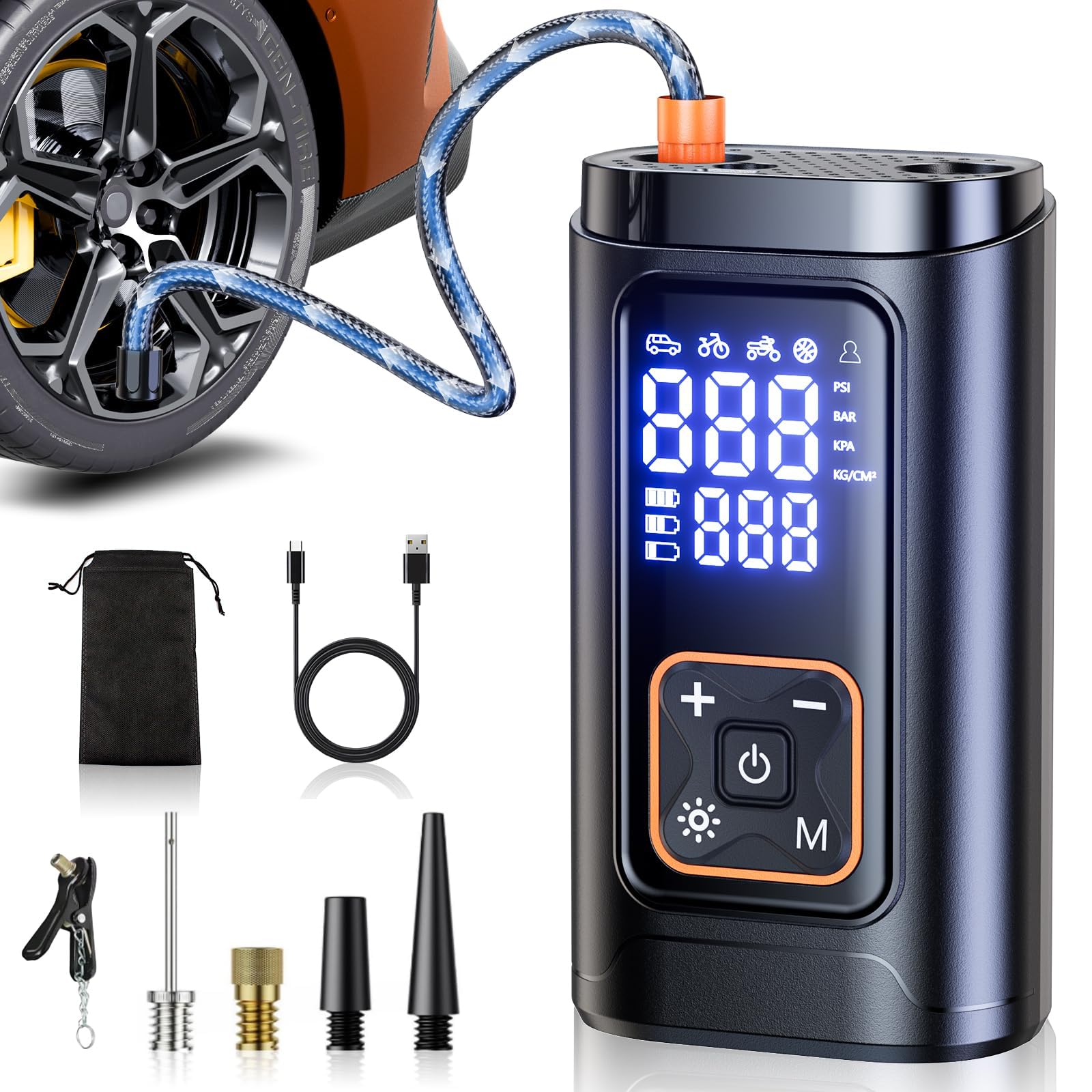 

Philoent Electric Bicycle Pump [New Model, Ultra-Compact, 10x Faster Fill] 7200mAh Air Pump with Auto Shut-Off, Customizable Inflation Pressure, Recha