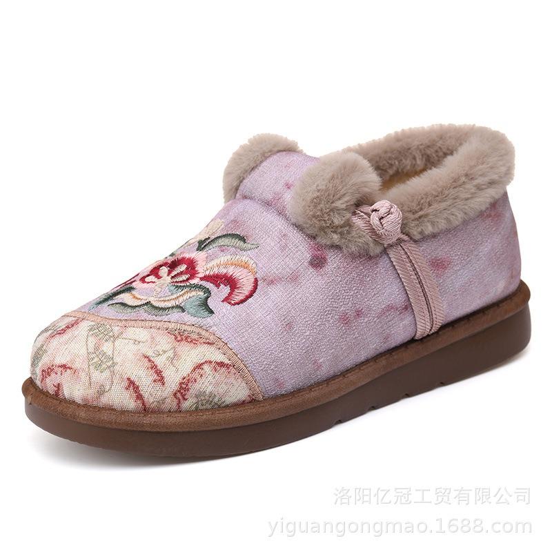 Shoes Women's Cotton Shoes Deer Embroidered Shoes Shallow Mouth One-pedal Short Boots Fleece Thickened Winter Shoes Versatile Short Boots